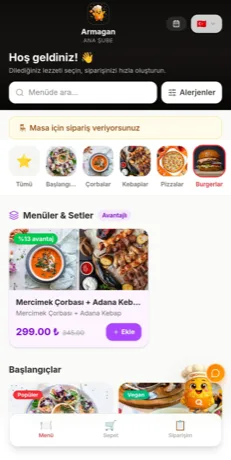 Qrokan QR menü — müşterinin telefonundan gördüğü sipariş ekranı