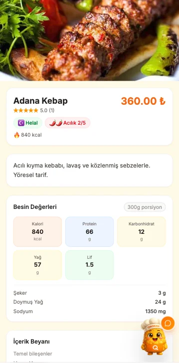 Qrokan ürün detay ekranı — fiyat, alerjen, besin değerleri ve içerik beyanı